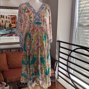 Flowy Floral Maxi Dress in Teal and Cream